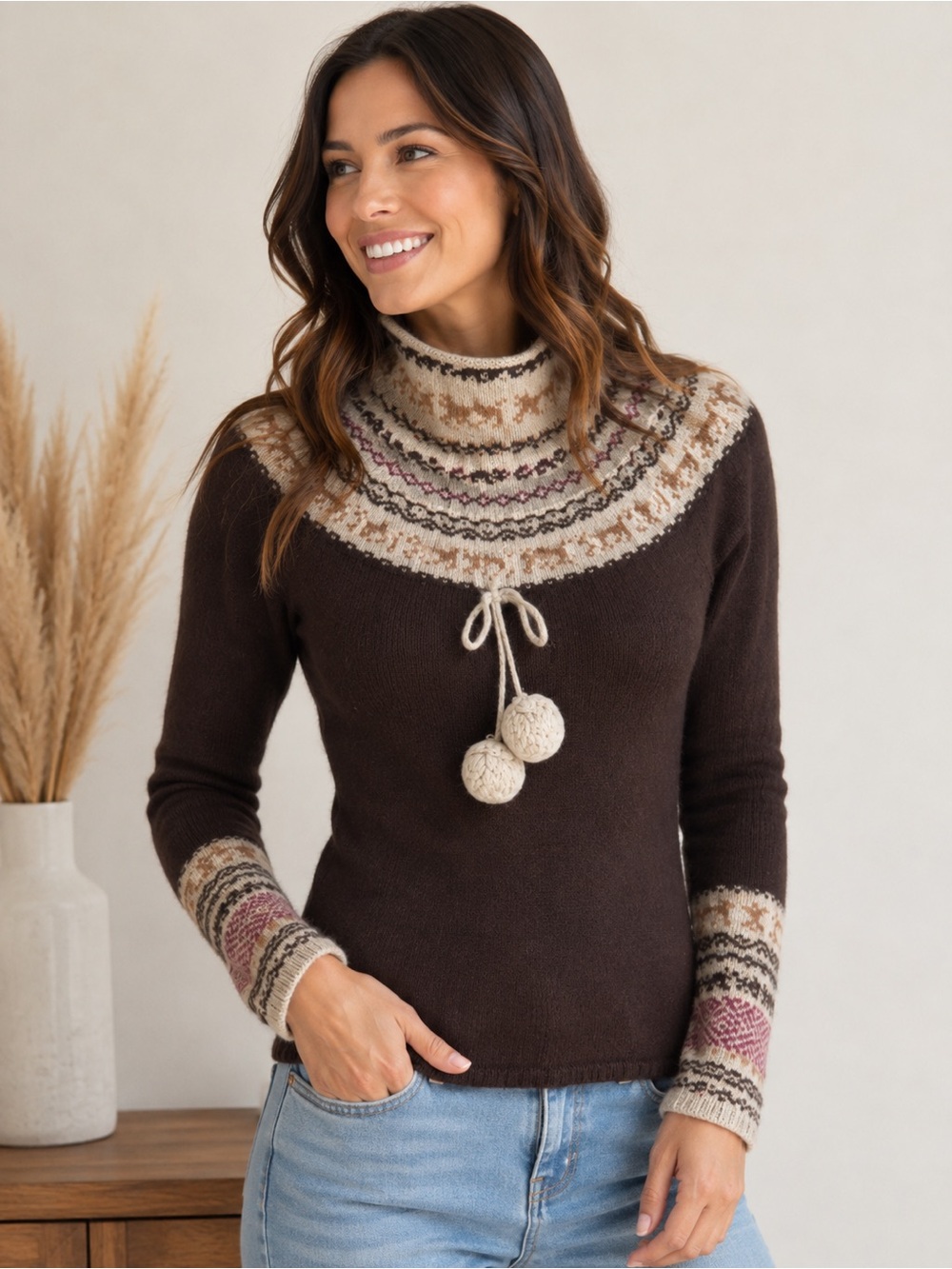 Moda International Brown Fair Isle Pom-Pom Turtleneck Sweater